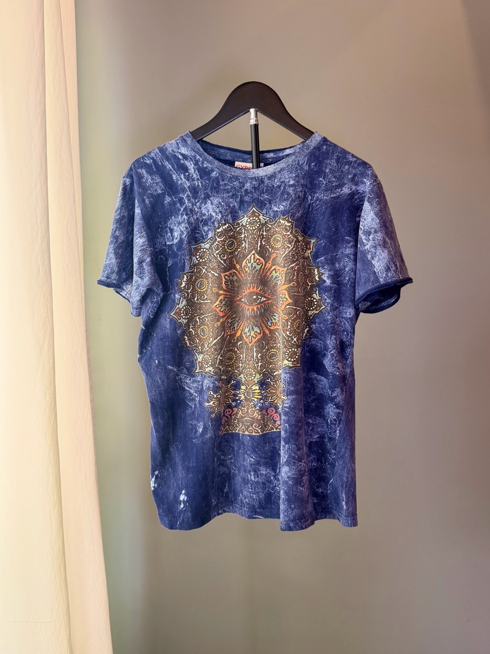 Gypsy Rose Blue Acid Wash Eye Mandala Tee M Boho Festival Trippy 100% Cotton